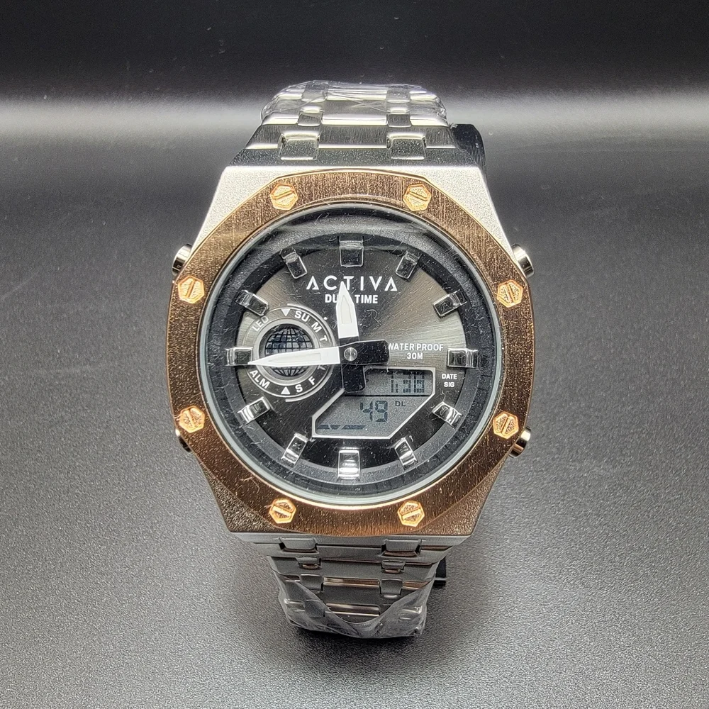 ACTIVA Dual Time Chronograph Stainless Steel Watch Rose Gold Bezel ACWM003-004